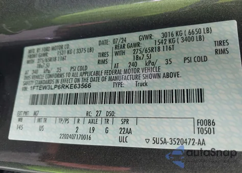 2024 Ford F-150 Xlt z USA, uszkodzony, nr VIN 1FTEW3LP6RKE63566